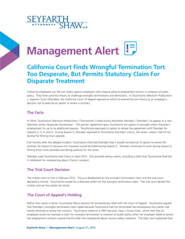California Court Finds Wrongful Termination Tort Too Desperate, but Permits Statutory Claim for Disparate Treatment