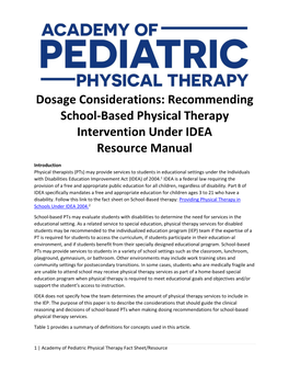 Recommending School-Based Physical Therapy Intervention Under IDEA Resource Manual