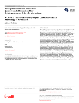 A Colonial Factory of Property Rights: Contribution to an Archeology of Naturalism Aliènor Bertrand