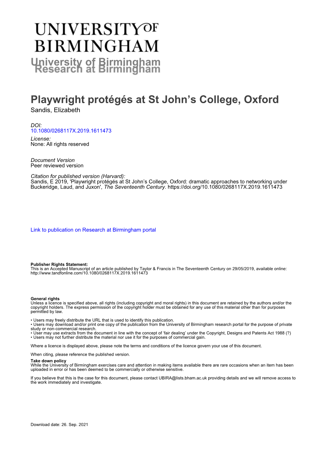 University of Birmingham Playwright Protégés at St John's College, Oxford