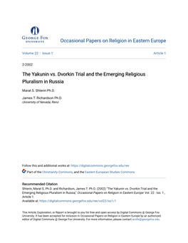 The Yakunin Vs. Dvorkin Trial and the Emerging Religious Pluralism in Russia