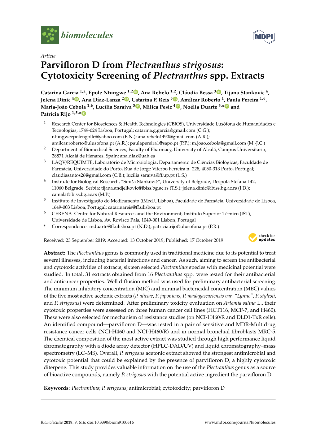 Cytotoxicity Screening of Plectranthus Spp. Extracts