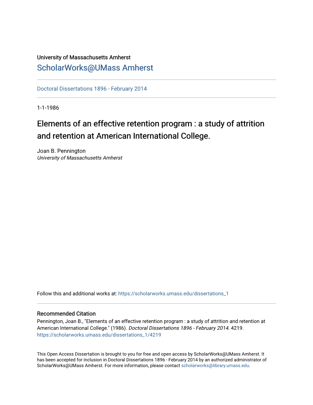 Elements of an Effective Retention Program : a Study of Attrition and Retention at American International College