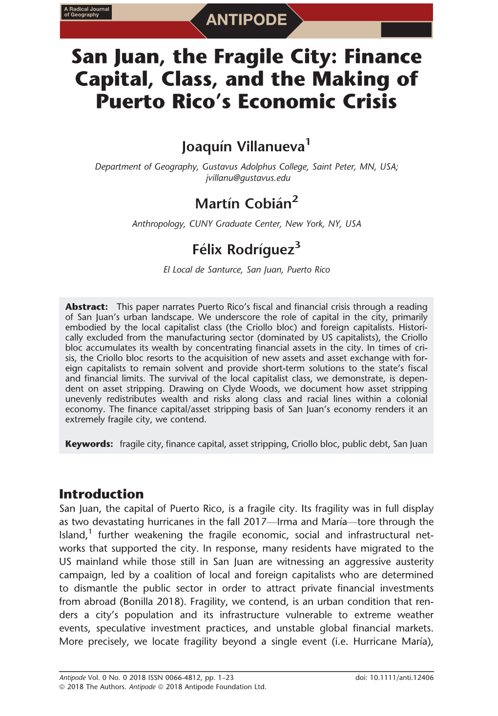 San Juan, the Fragile City: Finance Capital, Class, and the Making of Puerto Rico’S Economic Crisis