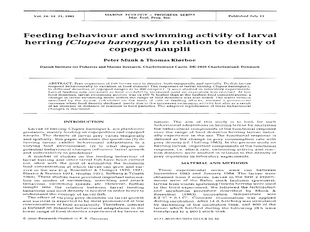 Feeding Behaviour and Swimming Activity of Larval Herring (Clupea Harengus) in Relation to Density of Copepod Nauplii