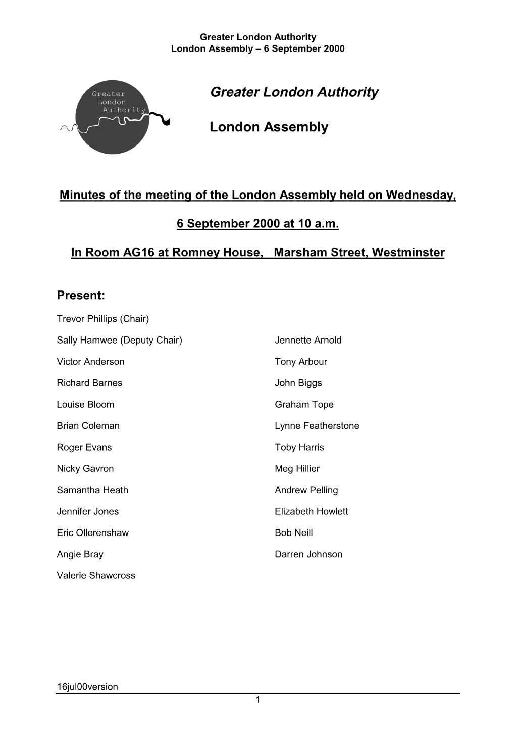 Greater London Authority London Assembly – 6 September 2000