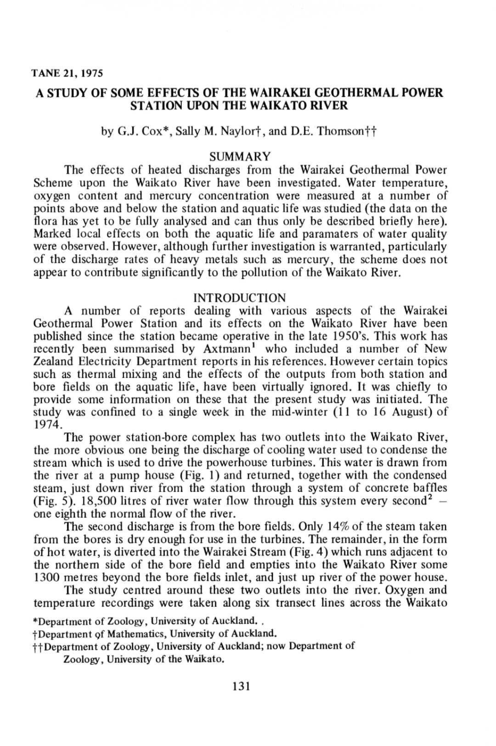 A Study of Some Effects of the Wairakei Geothermal Power Station Upon the Waikato River