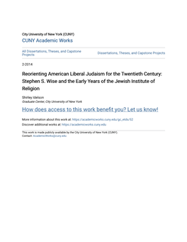 Reorienting American Liberal Judaism for the Twentieth Century: Stephen S