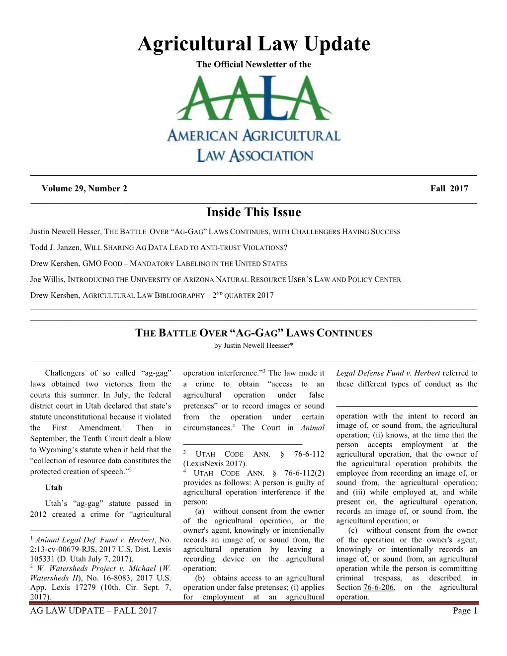 Agricultural Law Update the Official Newsletter of The