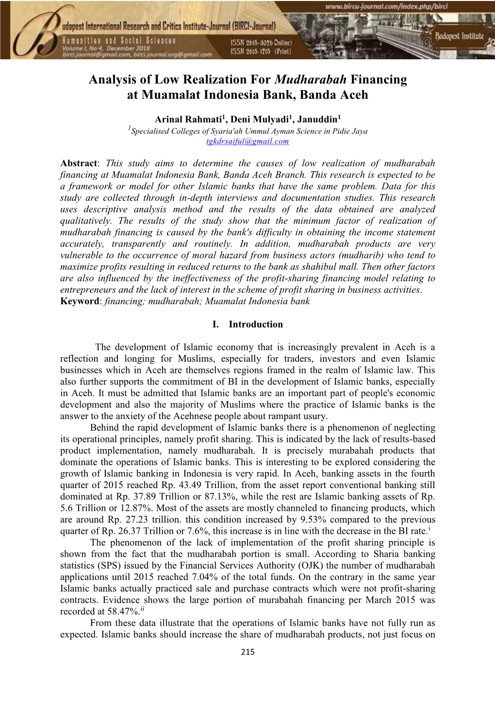 Analysis of Low Realization for Mudharabah Financing at Muamalat Indonesia Bank, Banda Aceh