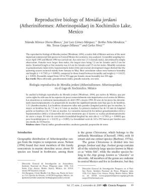 Reproductive Biology of Menidia Jordani (Atheriniformes: Atherinopsidae) in Xochimilco Lake, Mexico
