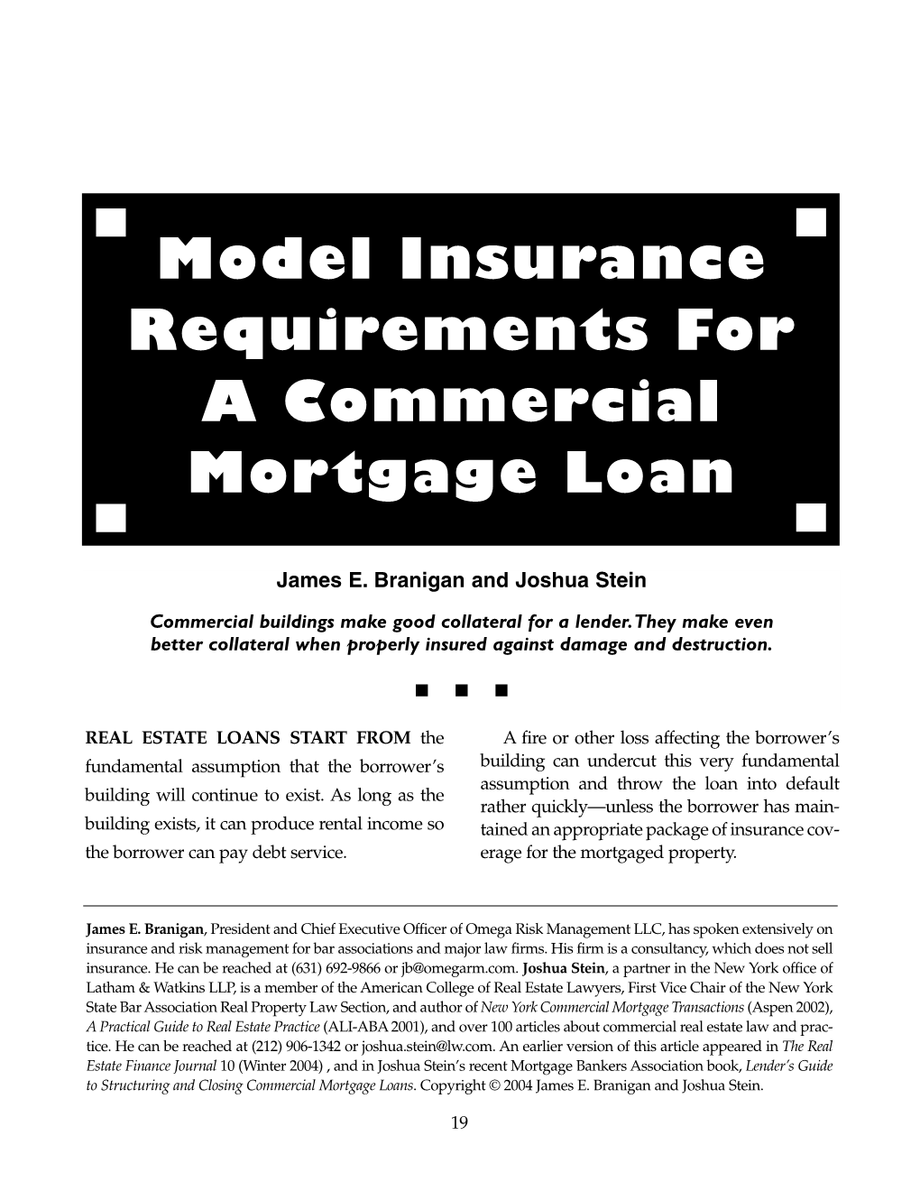 Model Insurance Requirements for a Commercial Mortgage Loan