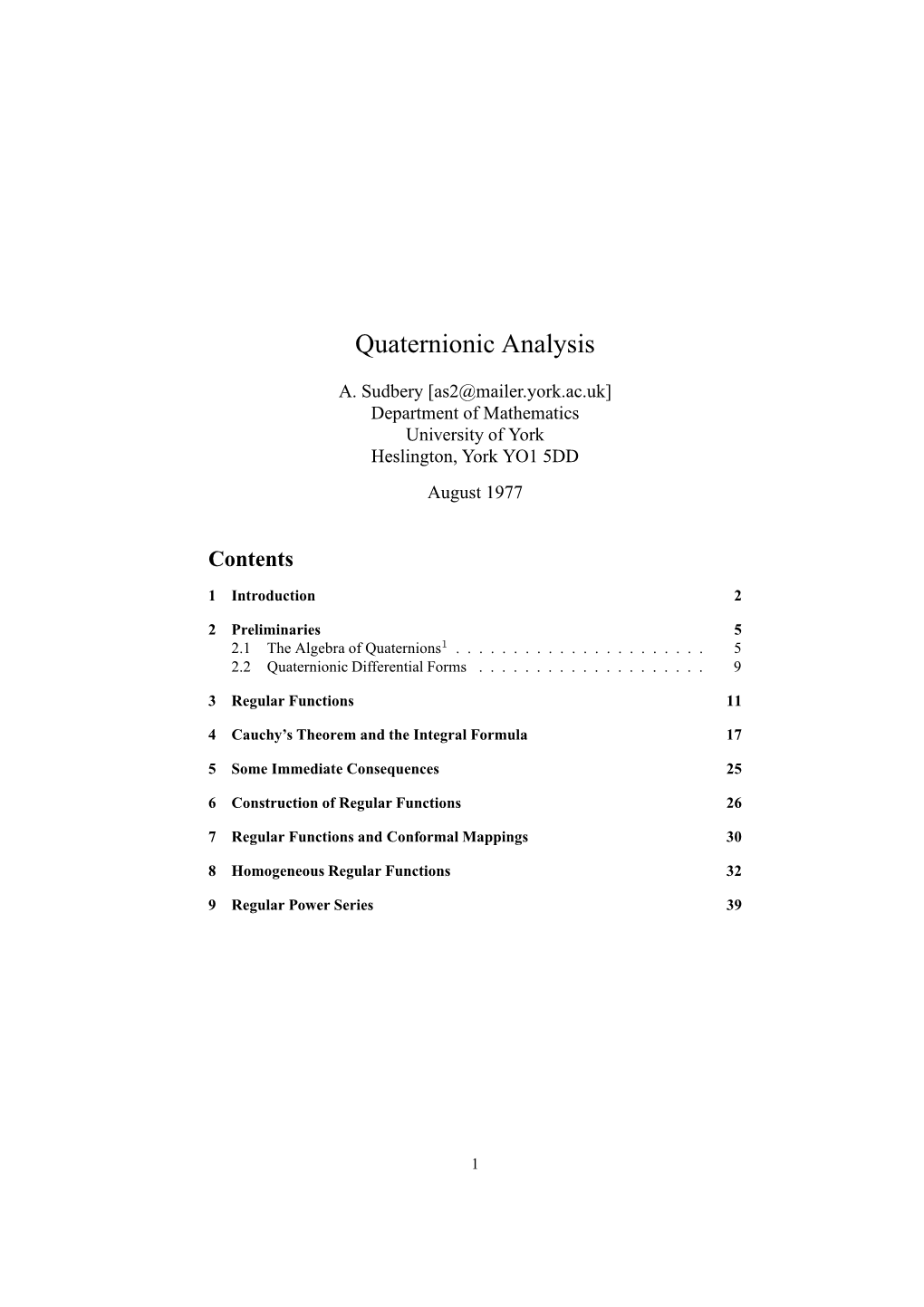 Quaternionic Analysis