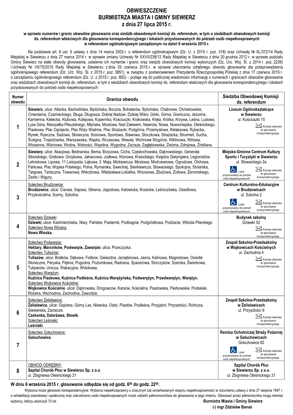 Obwieszczenie Burmistrza Mig Siewierz Z Dnia 27 Lipca 2015 R. W Sprawie Numerów I Granic Obwodów Głosowania