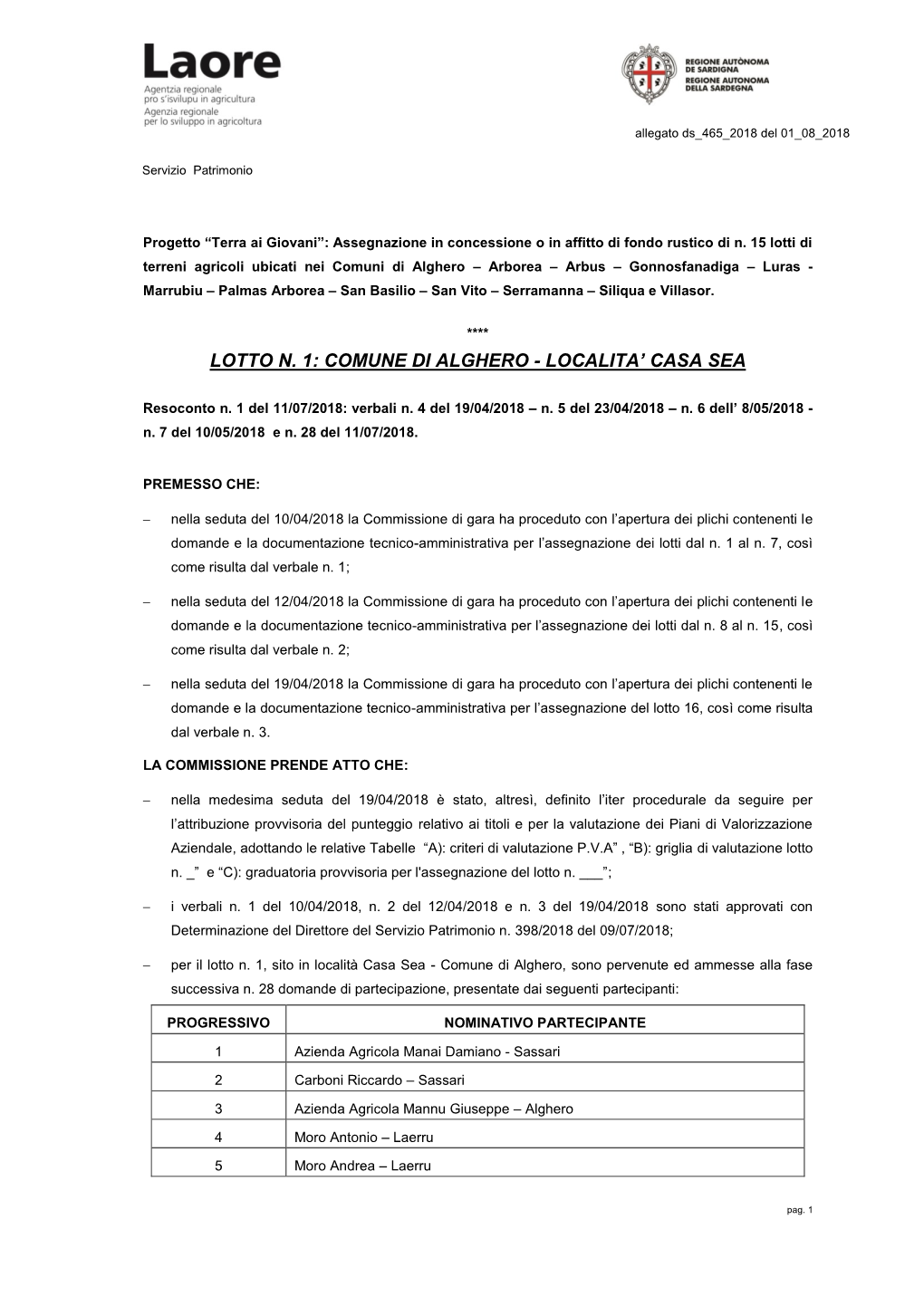 Lotto N. 1: Comune Di Alghero - Localita’ Casa Sea