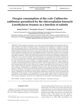 Oxygen Consumption of the Crab Callinectes Rathbunae Parasitized by the Rhizocephalan Barnacle Loxothylacus Texanus As a Function of Salinity