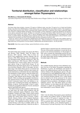 Territorial Distribution, Classification and Relationships Amongst Italian Thysanoptera