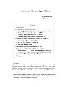 Space Law and Policy in the Republic of Korea Abstract Contents