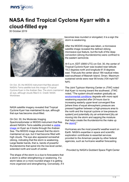 NASA Find Tropical Cyclone Kyarr with a Cloud-Filled Eye 30 October 2019