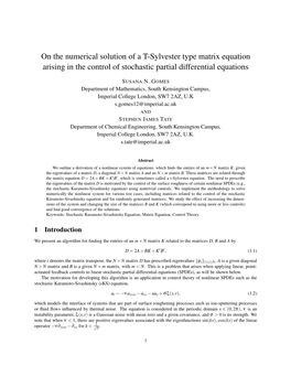 On the Numerical Solution of a T-Sylvester Type Matrix Equation Arising in the Control of Stochastic Partial Differential Equations