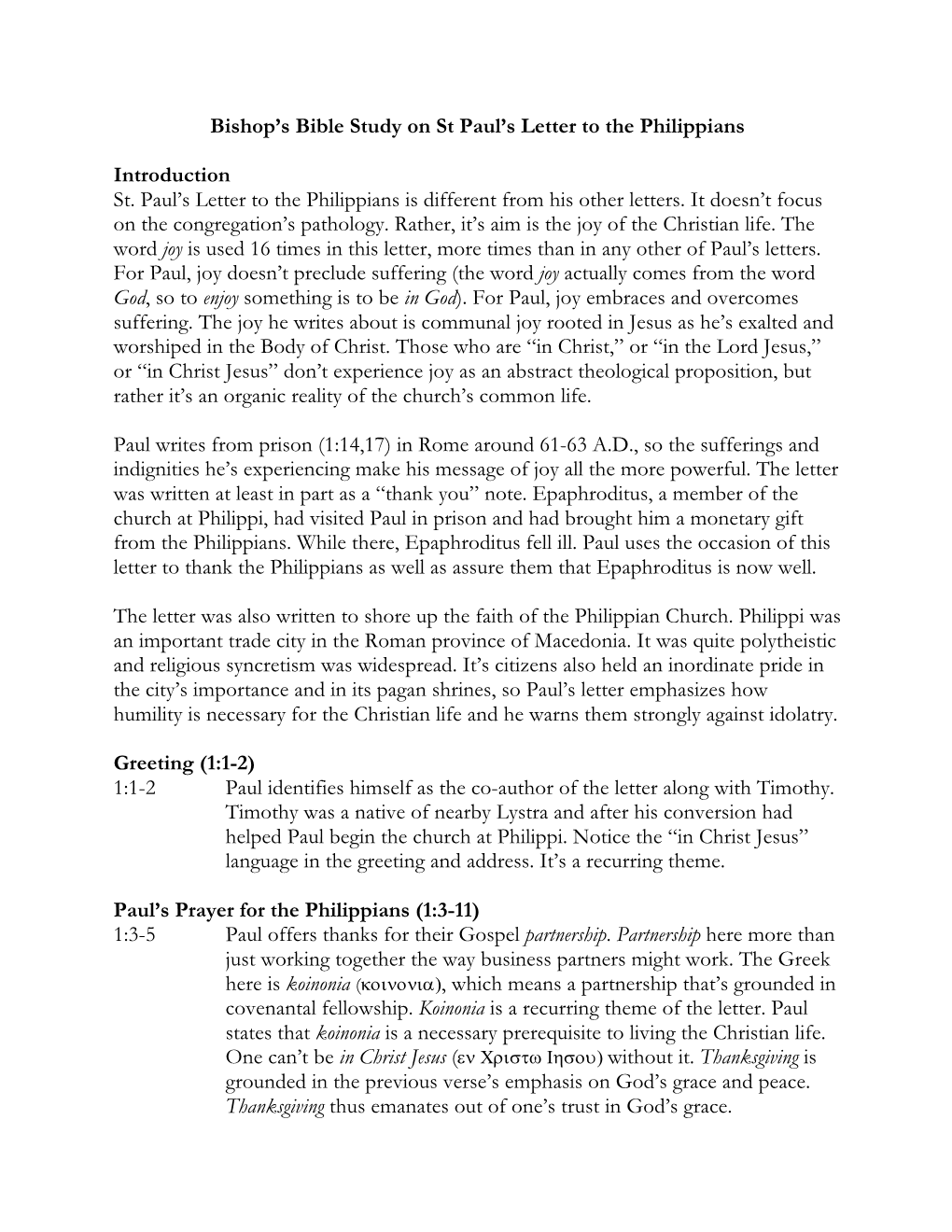 Bishop's Bible Study on St Paul's Letter to the Philippians Introduction