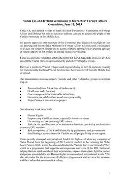 Yazda UK and Ireland Submission to Oireachtas Foreign Affairs Committee, June 15, 2015