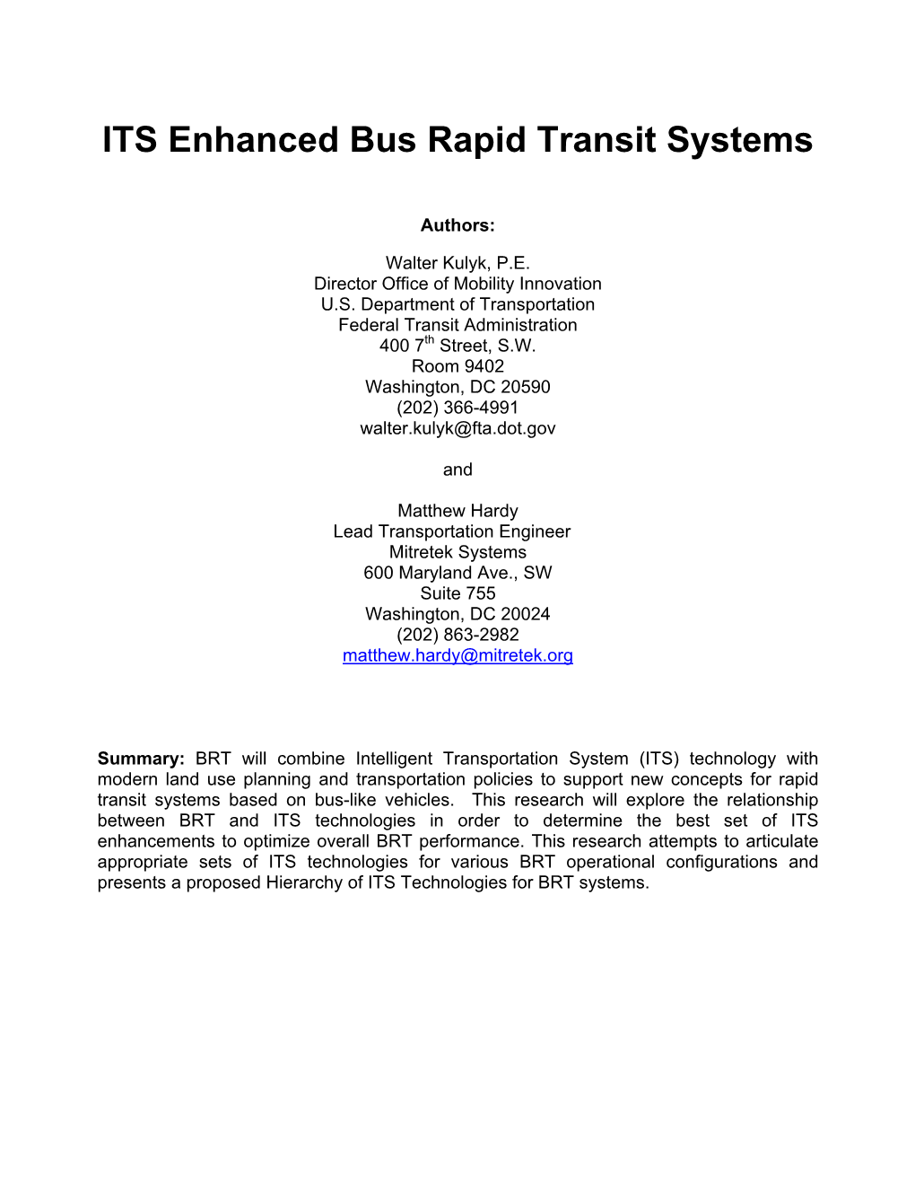 ITS Enhanced Bus Rapid Transit Systems - DocsLib