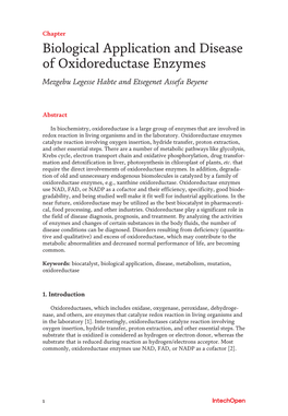 Biological Application and Disease of Oxidoreductase Enzymes Mezgebu Legesse Habte and Etsegenet Assefa Beyene