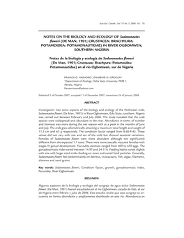 NOTES on the BIOLOGY and ECOLOGY of Sudanonautes Floweri (DE MAN, 1901; CRUSTACEA: BRACHYURA: POTAMOIDEA: POTAMONAUTIDAE) in RIVER OGBOMWEN, SOUTHERN NIGERIA