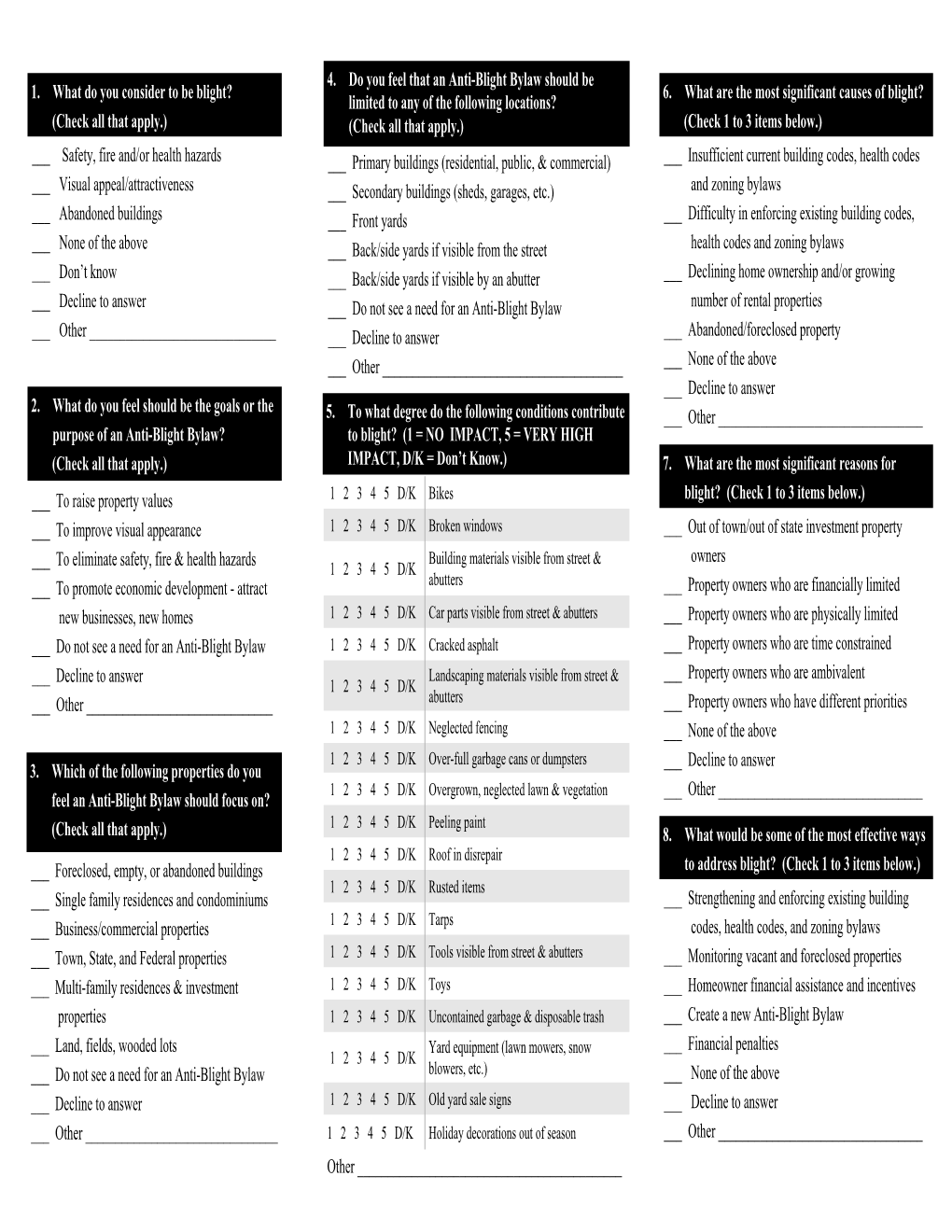 1. What Do You Consider to Be Blight? (Check All That Apply.) ___ Safety, Fire And/Or Health Hazards ___ Visual Appeal/At