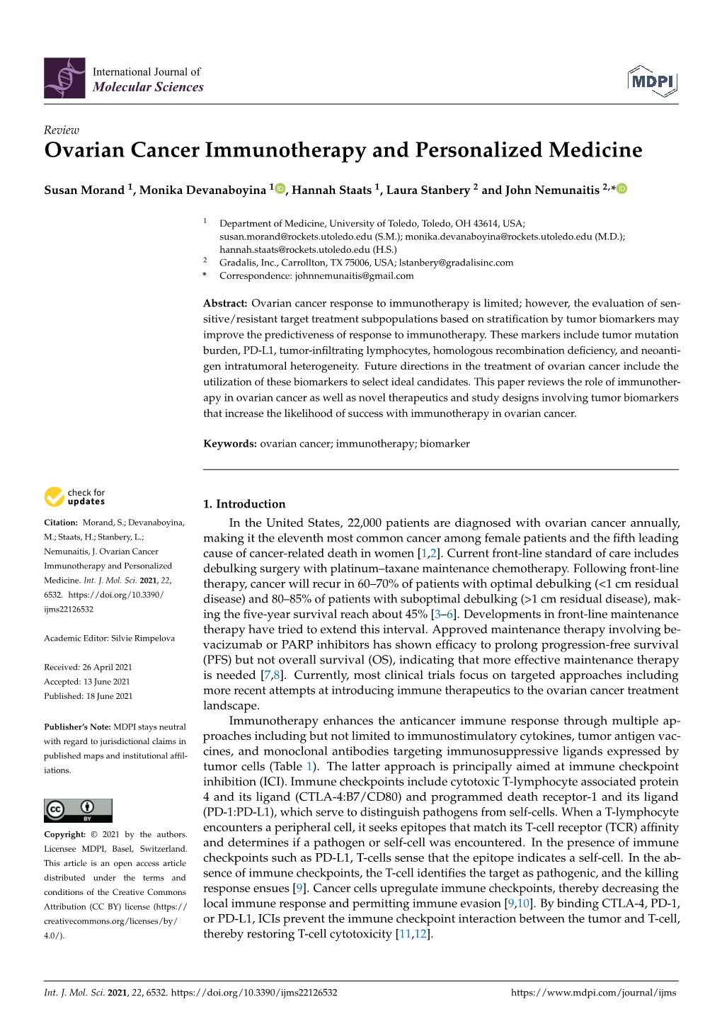 Ovarian Cancer Immunotherapy and Personalized Medicine