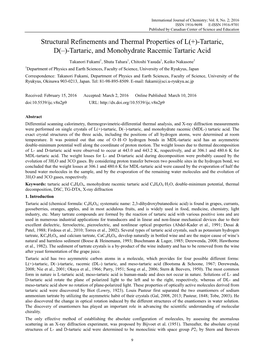 Structural Refinements and Thermal Properties of L(+)-Tartaric, D(–)-Tartaric, and Monohydrate Racemic Tartaric Acid