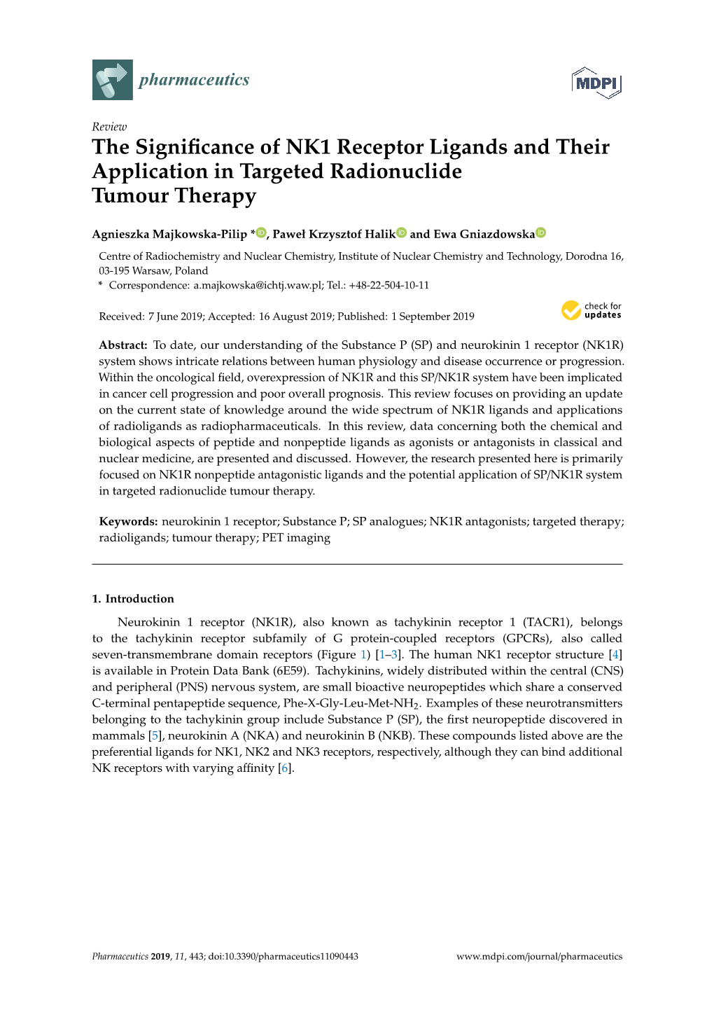 The Significance of NK1 Receptor Ligands and Their Application In