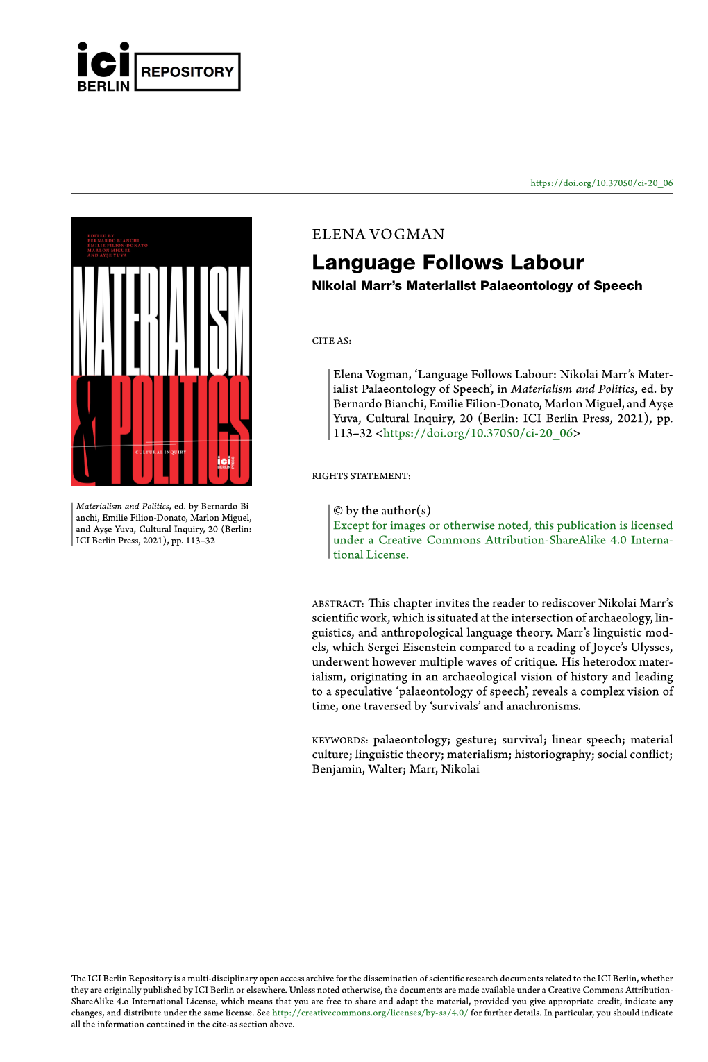 Language Follows Labour: Nikolai Marr's Materialist Palaeontology Of