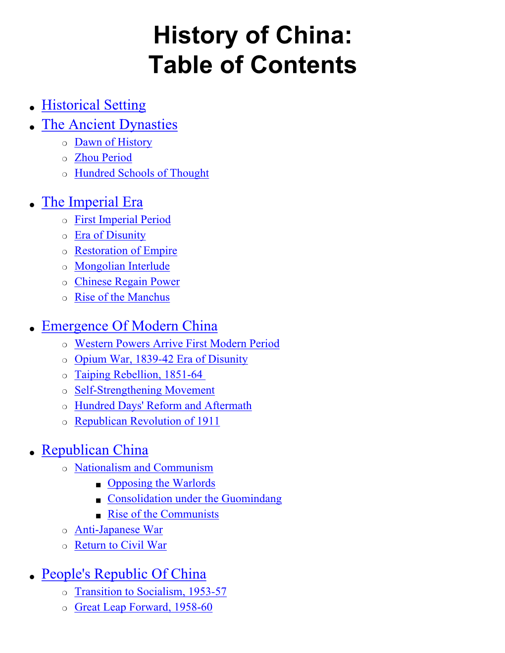 History of China: Table of Contents