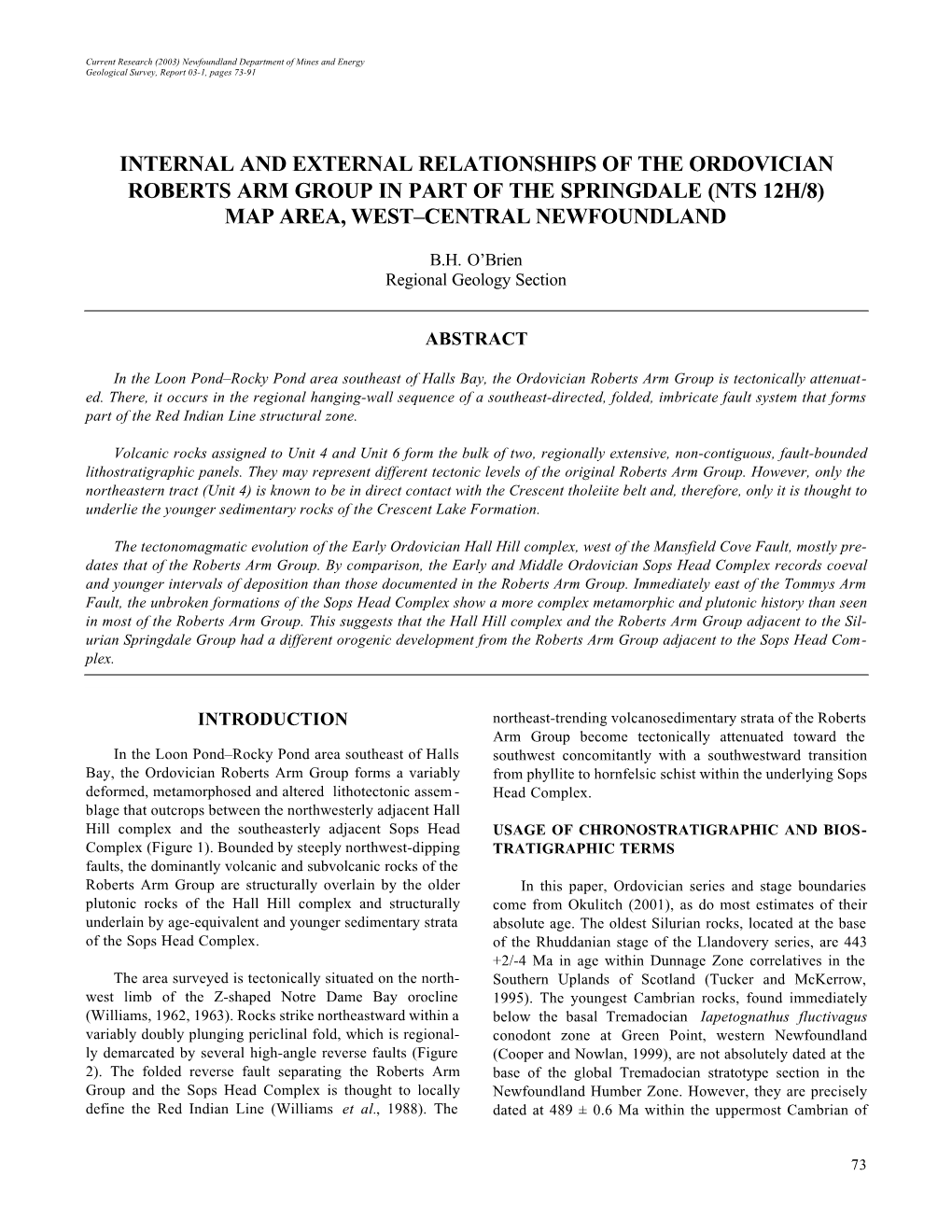 Internal and External Relationships of the Ordovician Roberts Arm Group in Part of the Springdale (Nts 12H/8) Map Area, West–Central Newfoundland