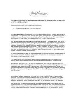 The Jim Henson Company and Hit Entertainment Establish Worldwide Distribution and Production Venture