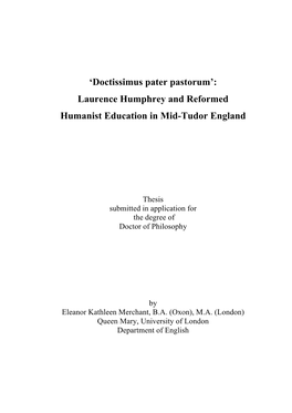 Laurence Humphrey and Reformed Humanist Education in Mid-Tudor England