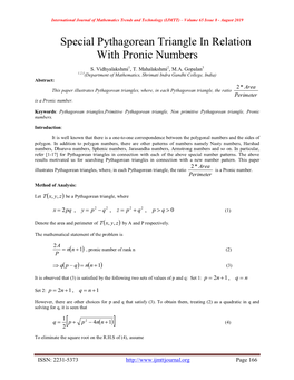 Special Pythagorean Triangle in Relation with Pronic Numbers