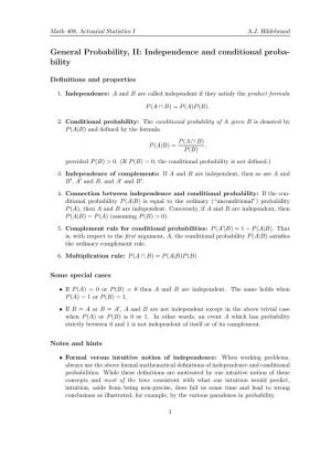 General Probability, II: Independence and Conditional Proba- Bility