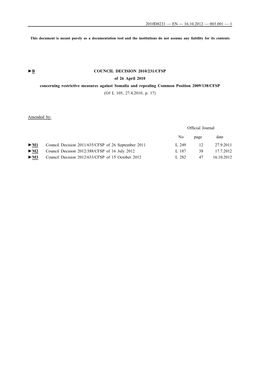 B COUNCIL DECISION 2010/231/CFSP of 26 April 2010 Concerning Restrictive Measures Against Somalia and Repealing Common Position 2009/138/CFSP (OJ L 105, 27.4.2010, P