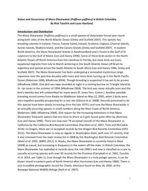 Status and Occurrence of Manx Shearwater (Puffinus Puffinus) in British Columbia