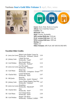 Various Sun's Gold Hits Volume 1 Mp3, Flac, Wma