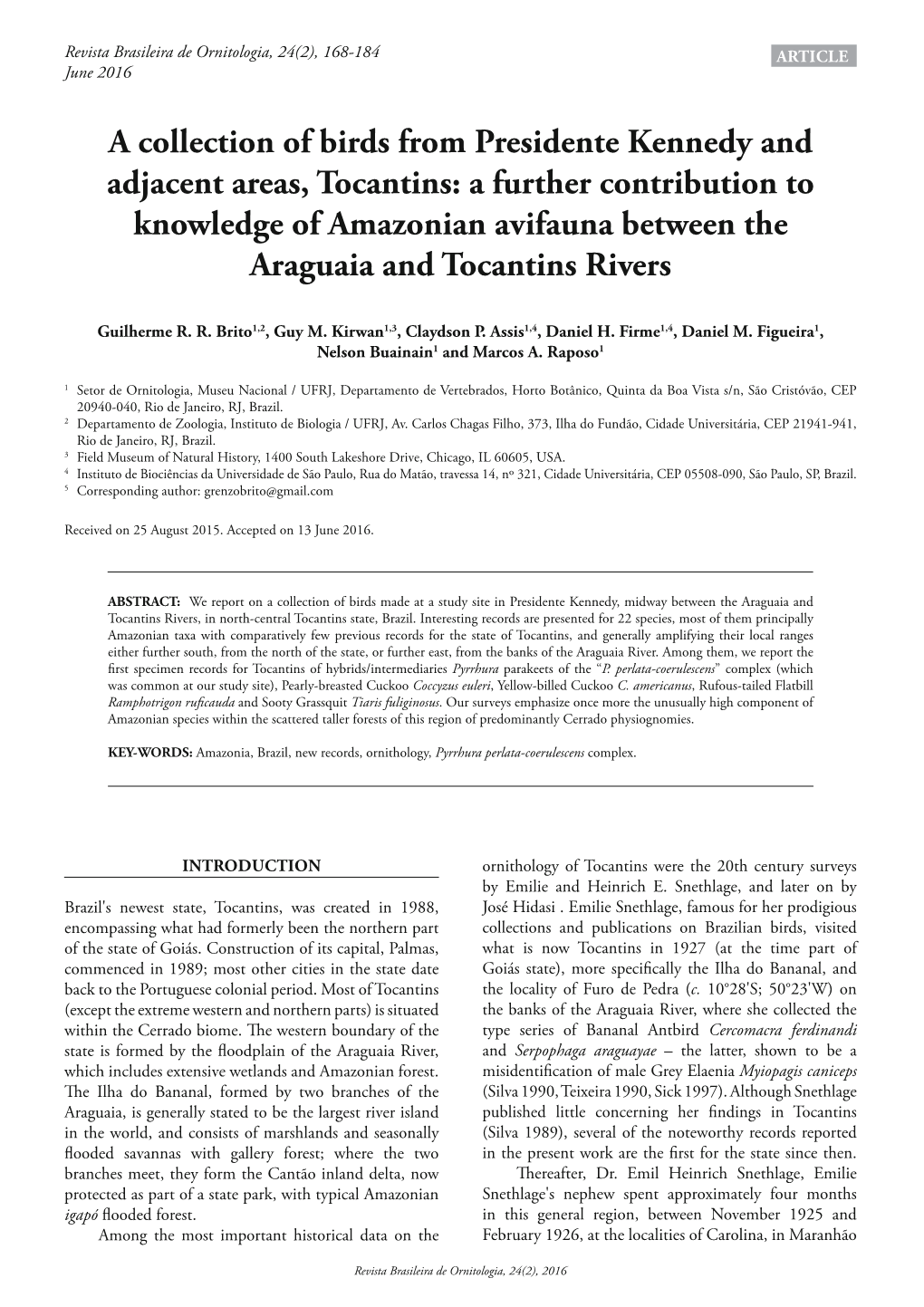 A Collection of Birds from Presidente Kennedy and Adjacent Areas, Tocantins: a Further Contribution to Knowledge of Amazonian Av