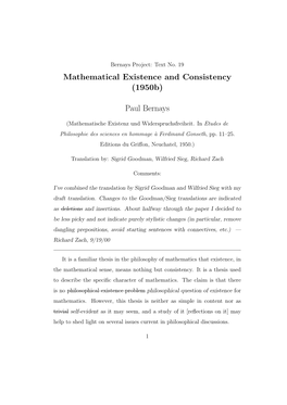 Mathematical Existence and Consistency (1950B)