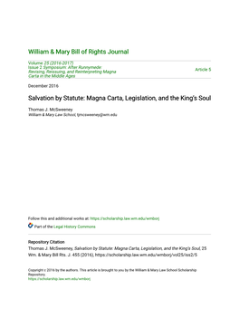 Salvation by Statute: Magna Carta, Legislation, and the King's Soul