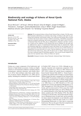 Biodiversity and Ecology of Lichens of Kenai Fjords National Park, Alaska