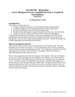 Ecol 483/583 – Herpetology Lab 2: Phylogeny Exercise, Amphibia Diversity 1: Urodela & Gymnophiona Spring 2010