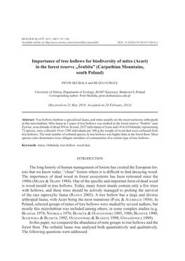 Importance of Tree Hollows for Biodiversity of Mites (Acari) in the Forest Reserve „Śrubita” (Carpathian Mountains, South Poland)
