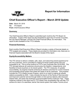 Chief Executive Officer's Report – March 2018 Update